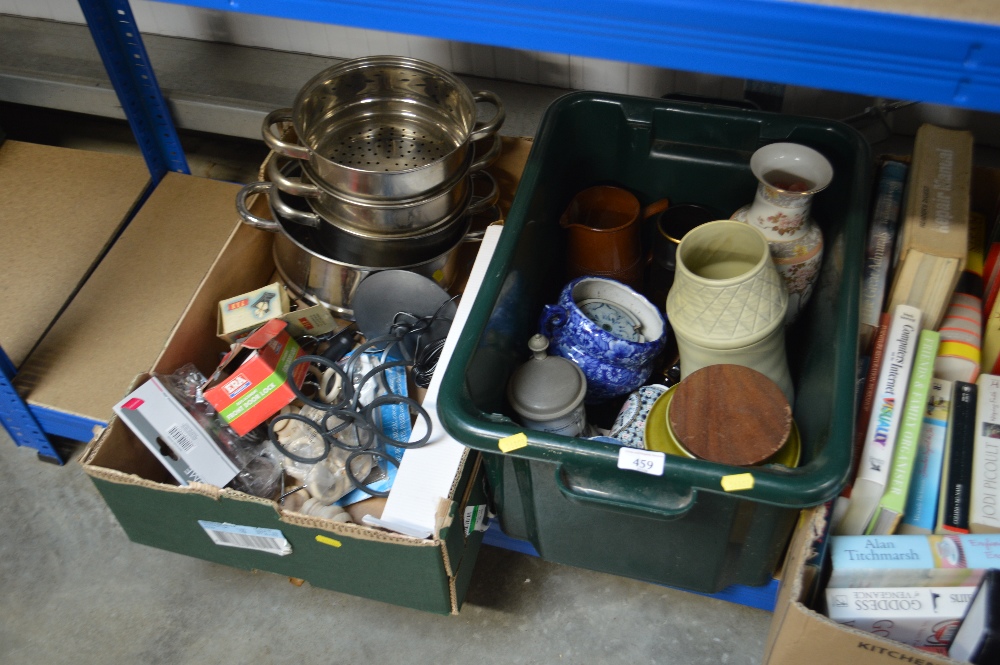 Two boxes of various kitchenalia and decorative ch