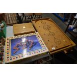 A Bagatelle board; a cutlery box and a marble maz