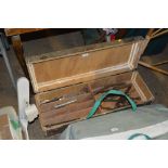 A wooden tool box and contents of tools