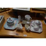 A collection of porcelain dressing table items; gl