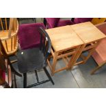 A pair of pine stools and a child's high chair