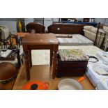 A sewing box together with a pine small table