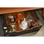 A box containing various clocks; Colclough teapo