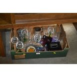 A box containing various glassware; cash box etc.