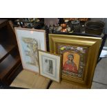 A framed Russian icon together with two prints