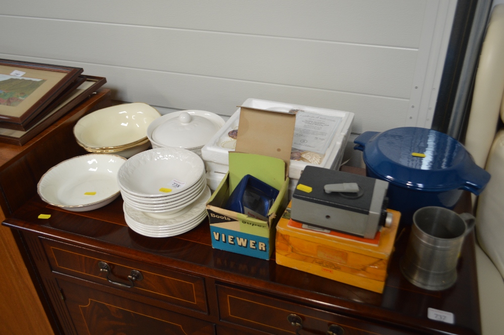 A quantity of various dinnerware; a viewer; pewter