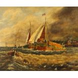 Arthur Reginald Andrews, Ipswich, year 2000, oil on board depicting vessels at sea with harbour