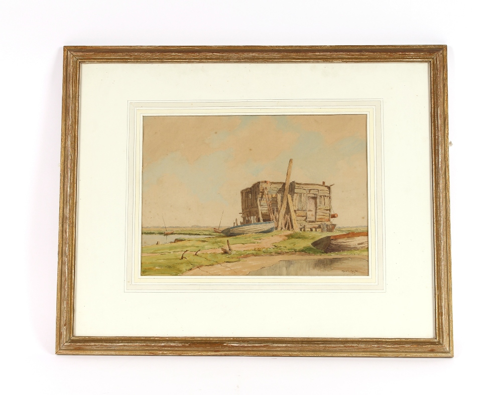 Martin Hardie, study of a river with boats and ruined building, signed watercolour, 26.5cm x 36.5cm - Image 2 of 2