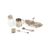 A small Victorian silver twin bon bon dish, having pierced decoration; a cut glass and silver