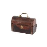 An Antique leather scent casket, having brass swing handle and fitted three glass bottles, 16cm