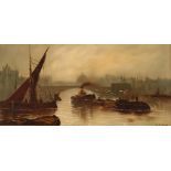 Harold Knight, 1874-1961, study of Thames river scene with barges and figures, and Waterloo bridge