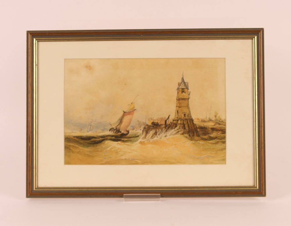 Henry Barlow Carter, sailing vessels off a harbour in storm, watercolour, 21cm x 31cm - Image 2 of 2