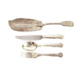 A quantity of plated Kings pattern flatware; a plated fish slice etc.