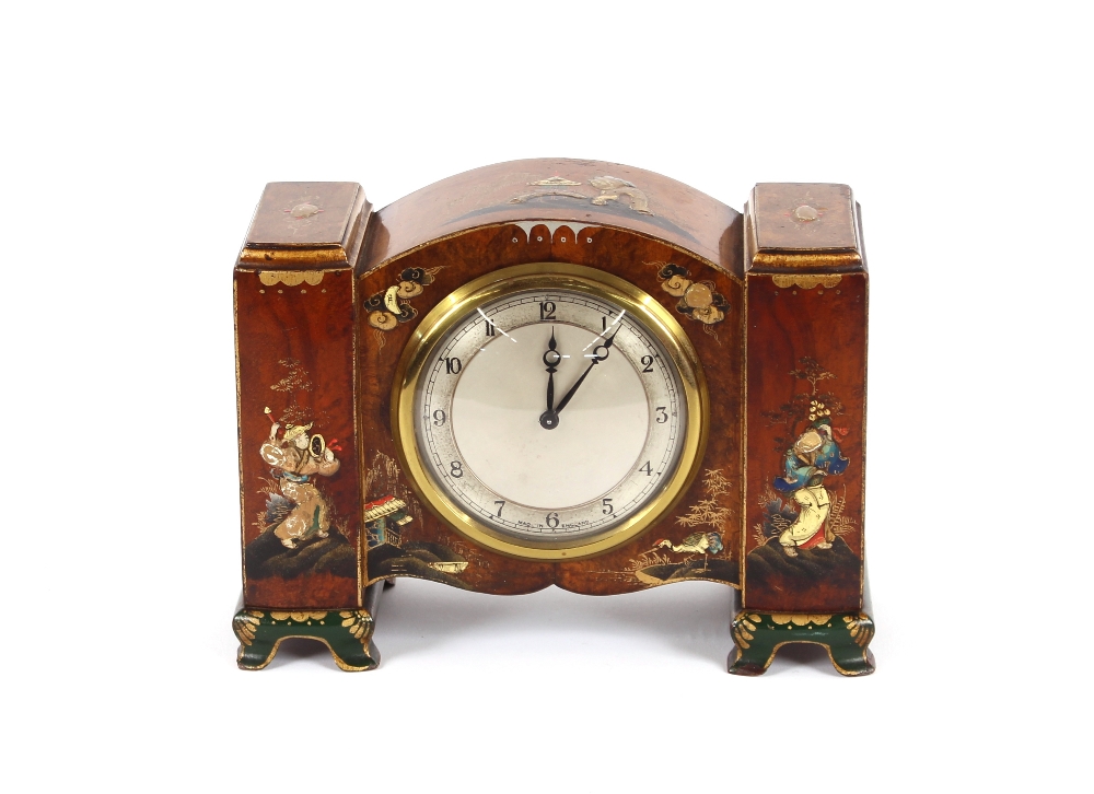A walnut and chinoiserie decorated table clock, 19.5cm long x 14.5cm high