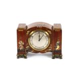 A walnut and chinoiserie decorated table clock, 19.5cm long x 14.5cm high