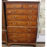 A George III mahogany tallboy, the upper section fitted two short and three long drawers, three