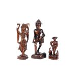 A carved Eastern hardwood figure of a fisherman; another of a dancing maiden; and a smaller