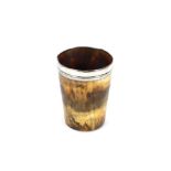 An early 19th Century horn beaker, with silver rim and scrimmed decoration of a sailing ship,