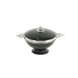 A jade and silver mounted two handled bowl and cover, the lid surmounted by a fruit finial and