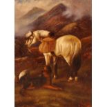 19th Century school, indistinctly signed, a pair of studies depicting horses and dogs in highland