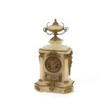 A Victorian alabaster and enamel mantel clock, surmounted by an urn, 8 day movement striking on a