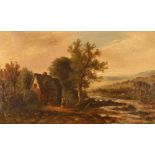 A. Coleman, rural landscape with figures by a cottage, river, cattle and hills in the far ground,