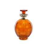 An amber glass perfume bottle, of baluster form having floral stylised white metal collar, 20cm