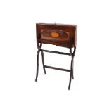An Edwardian mahogany and satinwood inlaid folding writing table, fitted with leather lined