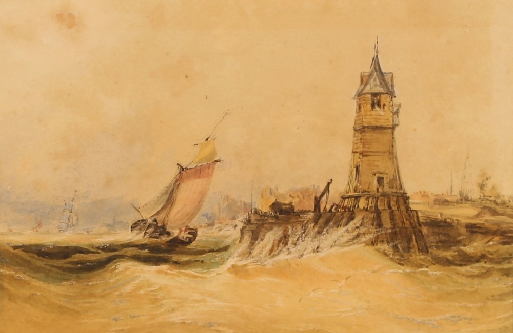 Henry Barlow Carter, sailing vessels off a harbour in storm, watercolour, 21cm x 31cm