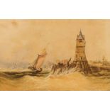 Henry Barlow Carter, sailing vessels off a harbour in storm, watercolour, 21cm x 31cm