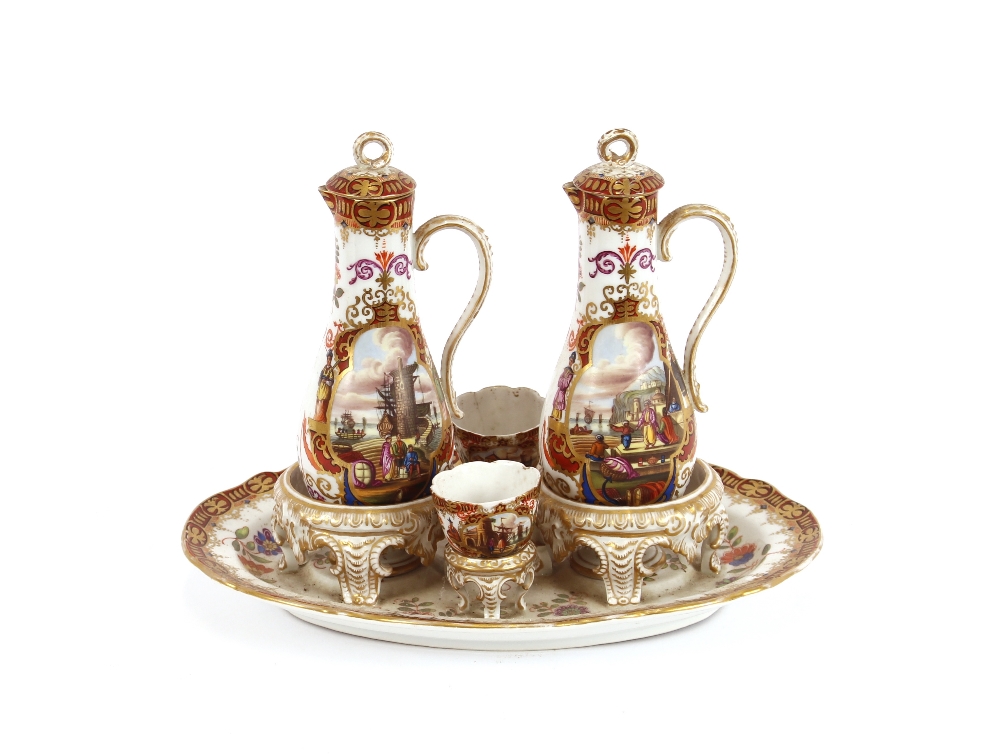 A 19th Century Dresden porcelain liqueur stand, decorated with port scenes, figures and foliate