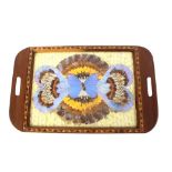 A South American hardwood and inlaid butterfly wing tea tray, 53cm x 33cm
