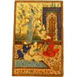 A small Persian painting on bone panel, decorated with figures in an interior