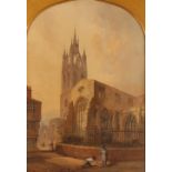 F. Storey, study of figures in a street with church in the background, signed watercolour, dated