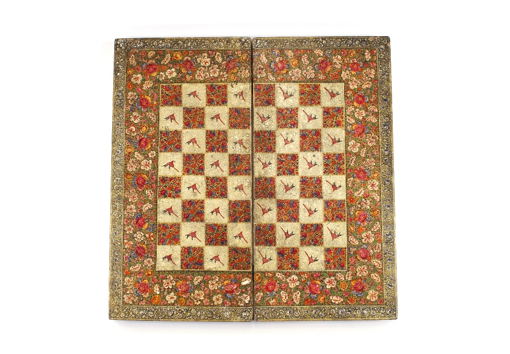 A very fine 19th Century folding chess/backgammon board, beautifully decorated together with two