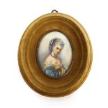 An oval miniature portrait, study of a young beauty, in plush frame; three coloured prints depicting