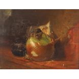 19th Century school, study of mice on an onion, unsigned oil on canvas, 24cm x 31cm