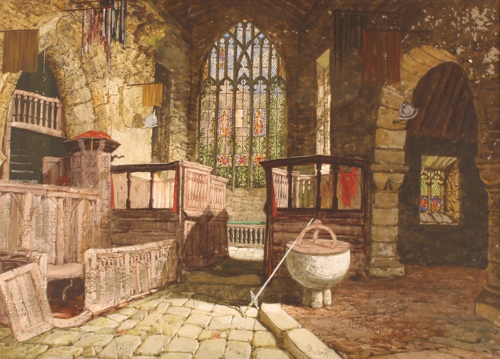 19th Century school, study of a church interior, monogrammed, dated 1877, 50cm x 69cm