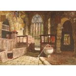 19th Century school, study of a church interior, monogrammed, dated 1877, 50cm x 69cm