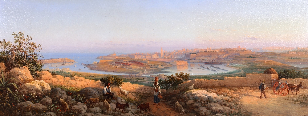 19th Century school, study of Valetta harbour with figures and farm animals in the fore ground,