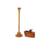 A miniature Antique wooden plane, together with an Antique wood and ivory mounted stethoscope, (2)