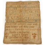 A small 19th Century unframed sampler, worked by Emma Ann Darby, October 12th 1831, 31.5cm x 25cm