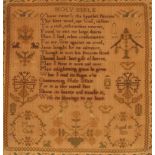 A sampler, worked by Mary Clarke,aged 10, 1833, with religious text, flowers, people and birds, 46cm