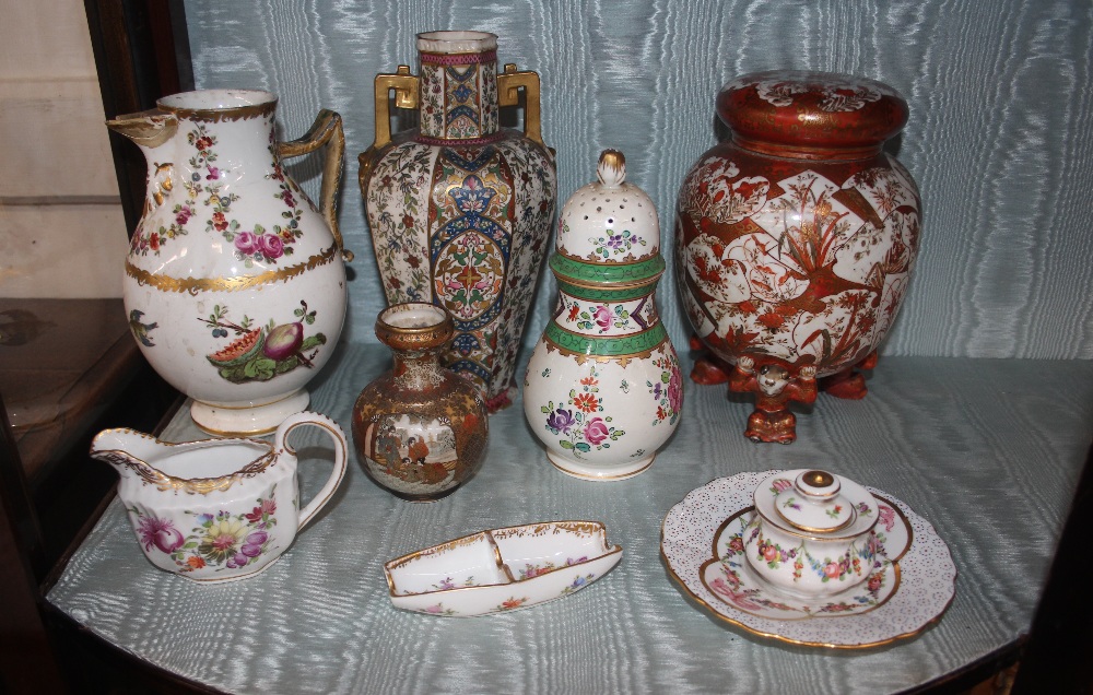 A 19th Century Berlin porcelain baluster jug, having fruit and flower decoration, AF; various