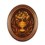 A.R. Andrews, a grained and painted oval plaque depicting urn and flowers, 48cm x 38cm in