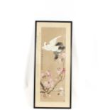 A Chinese watercolour, depicting birds amongst flowers with calligraphy to the silk margins, 111cm x