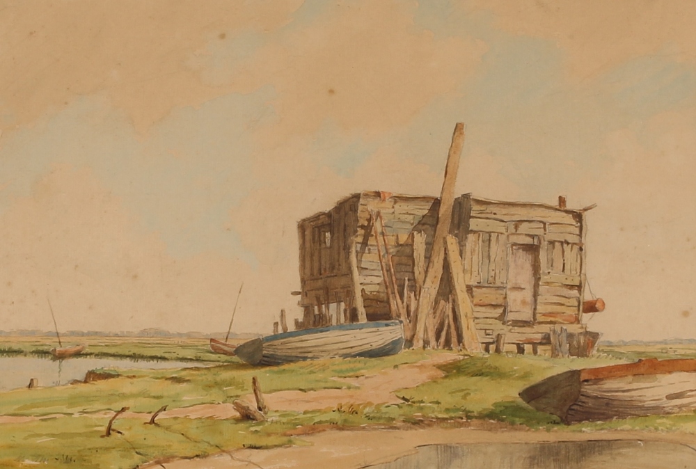 Martin Hardie, study of a river with boats and ruined building, signed watercolour, 26.5cm x 36.5cm