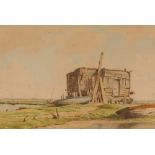 Martin Hardie, study of a river with boats and ruined building, signed watercolour, 26.5cm x 36.5cm