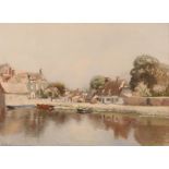 John Lochhead, R.B.A., river scene with boats in the fore ground and cottages, signed oil, 30cm x