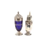 A silver and blue glass sugar shaker; and a silver baluster shaped sugar shaker, AF, (2)